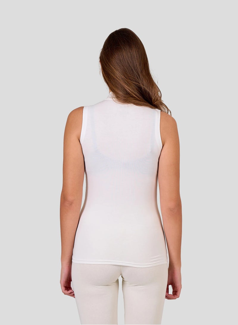 Dice Women's Sleeveless High Neck Top, Cotton Lycra, Casual Fitted Style - White - Image 3