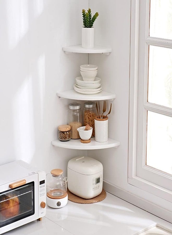Conamily Corner Shelf, Solid Oak Wood Floating Corner Shelf Wall Mount Round End Floating Speaker with Wire Hole for Small Plant Photo for Bedroom Kitchen, Living Room White - Image 5