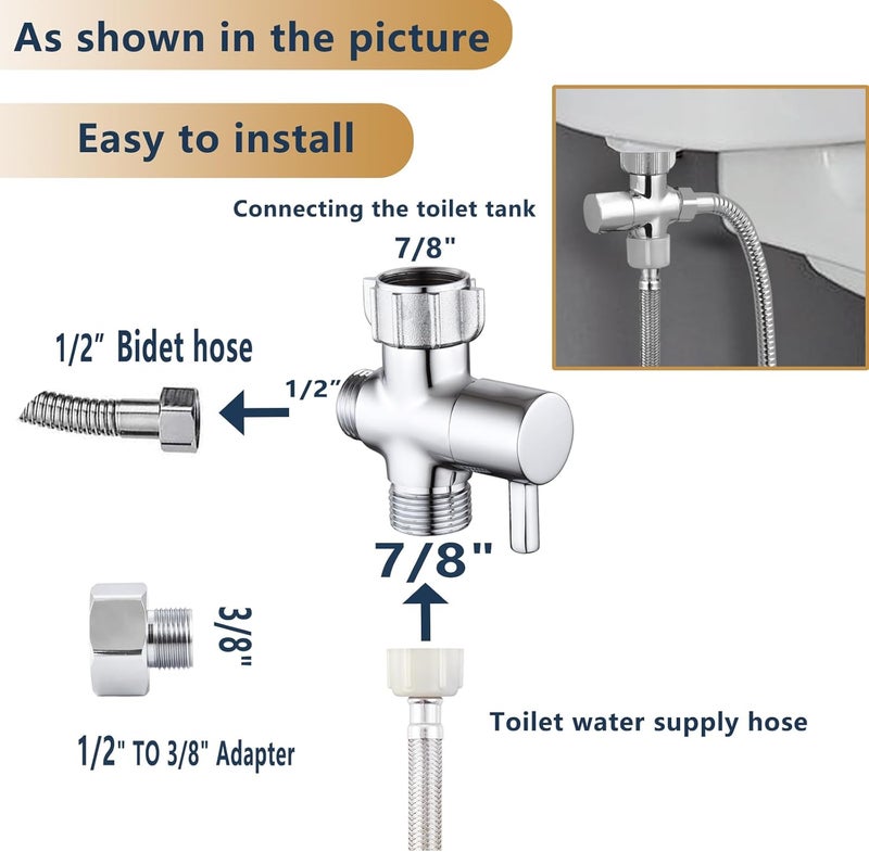 YRDL Bidet T Adapter, Brass T Adapter with Shut-off Valve, 3-way Tee Connector 7/8" x 7/8" x G1/2, Leak-Free Chrome Metal T Valve Adapter for Toilet Bidet Sprayer… - Image 3