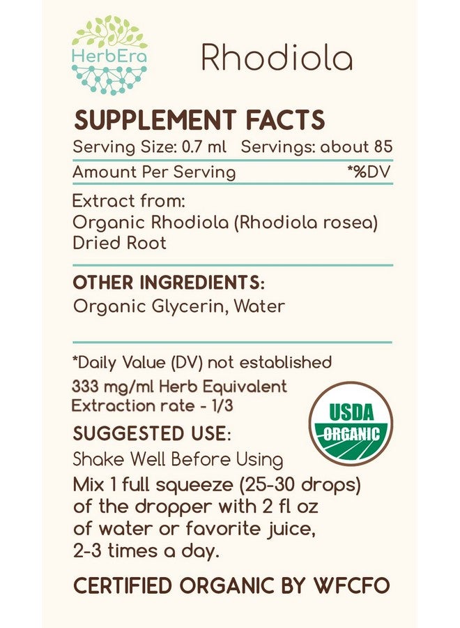HerbEra Rhodiola B60 Usda Organic Tincture ; Alcoholfree Extract Highpotency Herbal Drops ; Certified Organic Rhodiola (Rhodiola Rosea) Dried Root (2 Fl Oz) - Image 4