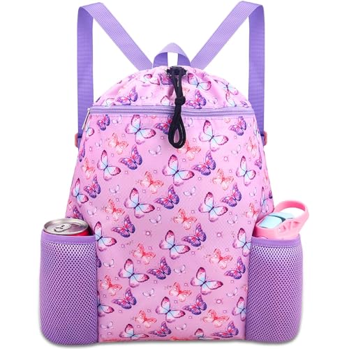 RHCPFOVR Butterfly Drawstring Backpack for Girls - Swim Bag for Kids Women Drawstring Bags for Beach Swimming Pool Lightweight Draw String Bags Waterproof Sports Gym Bag With Two Water Bottle Holder - Image 1