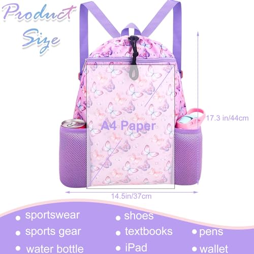 RHCPFOVR Butterfly Drawstring Backpack for Girls - Swim Bag for Kids Women Drawstring Bags for Beach Swimming Pool Lightweight Draw String Bags Waterproof Sports Gym Bag With Two Water Bottle Holder - Image 3