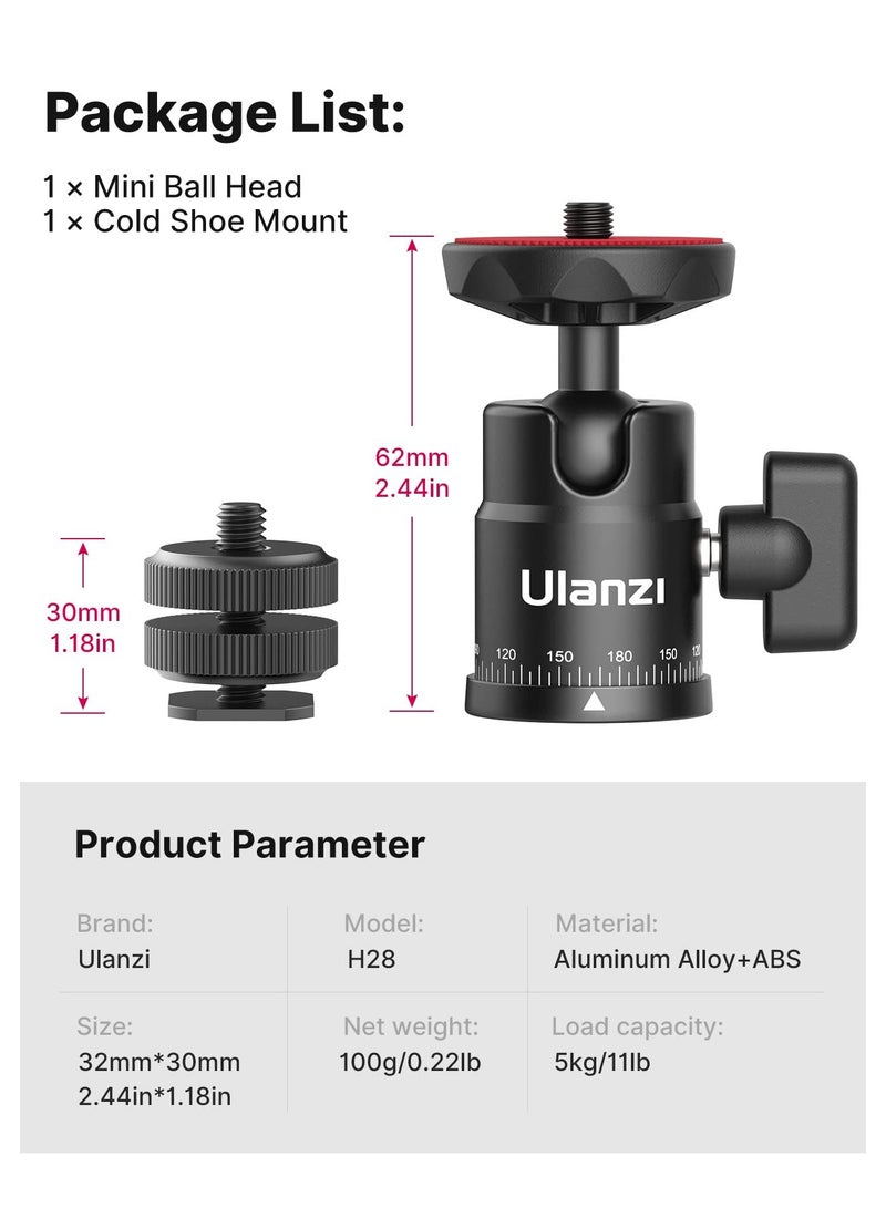 Mini Ball Head, ULANZI H28 Panoramic Tripod Head + Dual Hot Shoe Mount DSLR Camera Mount Adapter Photograph Attachment Accessories for Action Cameras Cam Smartphone Light Microphone Loading 5.5lb - view 5
