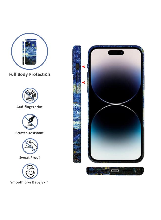 غطاء هاتف آيفون 14 برو بطلاء زيت فني - ليلة النجوم لفان جوخ - عبوة كاملة بملمس مبرد بعدسة إبداعية مضادة للسقوط - Image 3