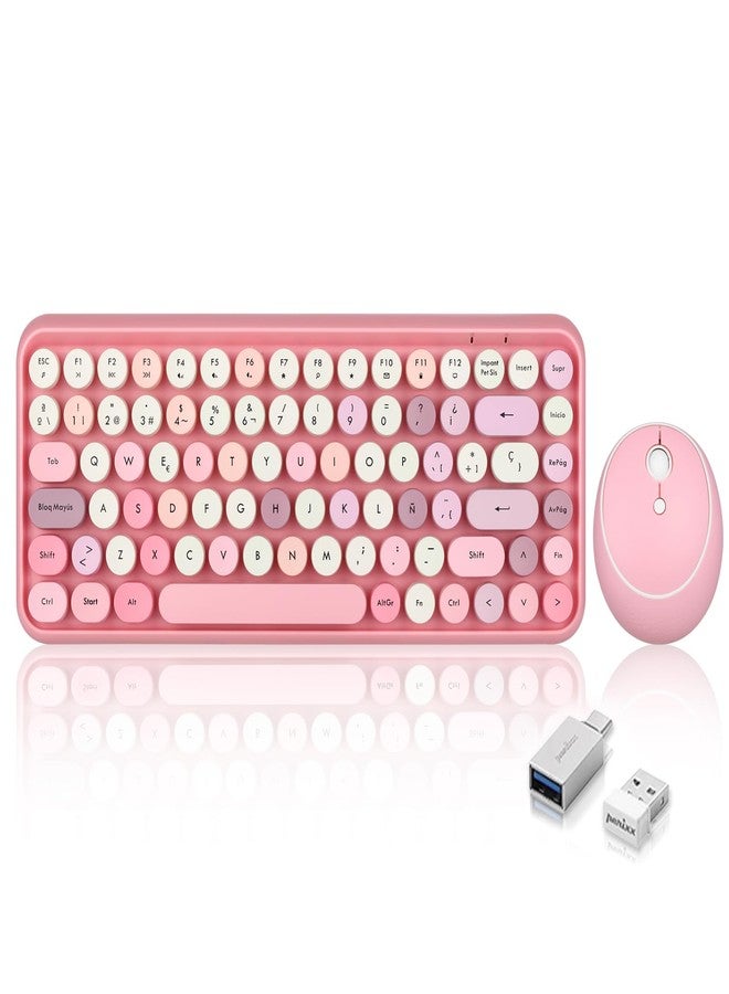 Perixx PERIDUO-713 ES Set de ratón y Mini Teclado inalámbrico 2.4 GHz - Teclas Retro Redondas - Rosado Pastel - Español QWERTY - Image 1