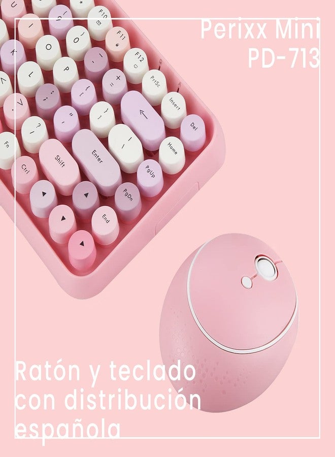 Perixx PERIDUO-713 ES Set de ratón y Mini Teclado inalámbrico 2.4 GHz - Teclas Retro Redondas - Rosado Pastel - Español QWERTY - Image 2