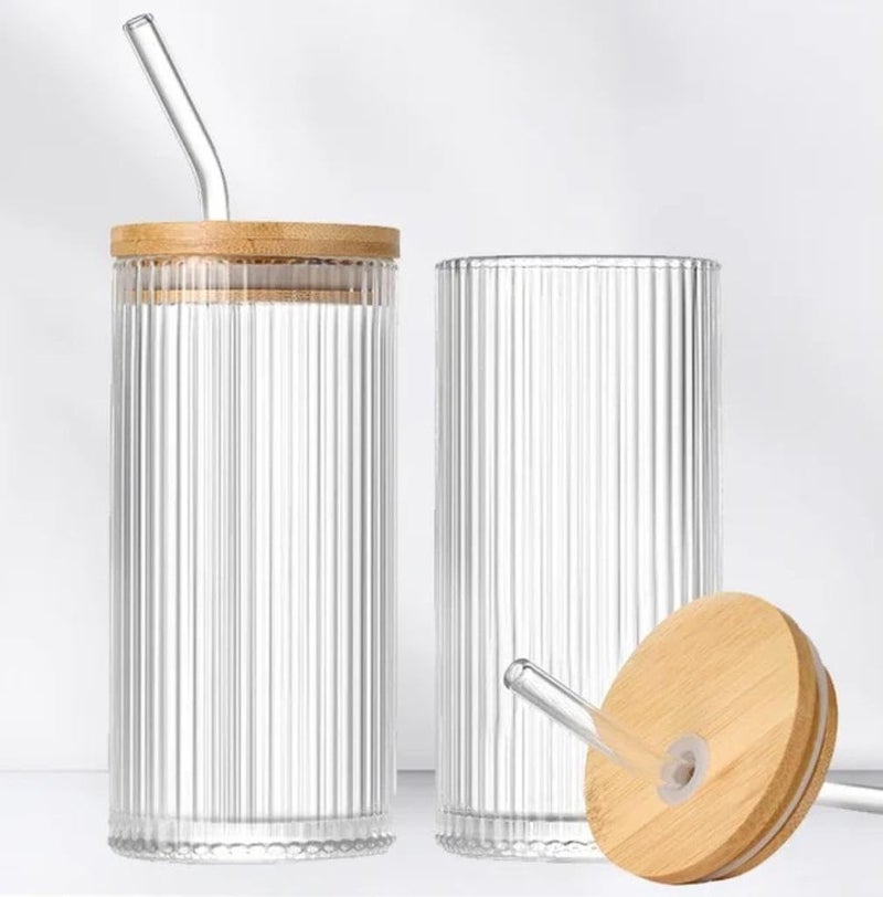 JIRLY Vintage Style 420ml Tall Drinking Glasses Set of 2 Ribbed Glassware with Bamboo Lid curved Glass straws Perfect for Cocktails Smoothies Juice Beer and Coffee Versatile Design for All Occasions - Image 2