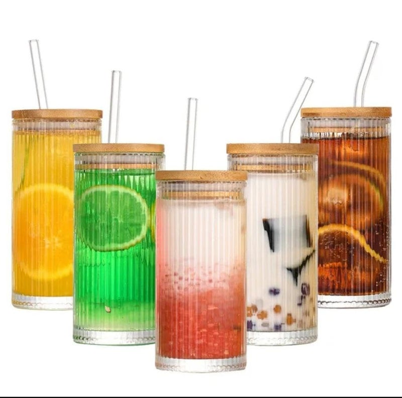 JIRLY Vintage Style 420ml Tall Drinking Glasses Set of 2 Ribbed Glassware with Bamboo Lid curved Glass straws Perfect for Cocktails Smoothies Juice Beer and Coffee Versatile Design for All Occasions - Image 4