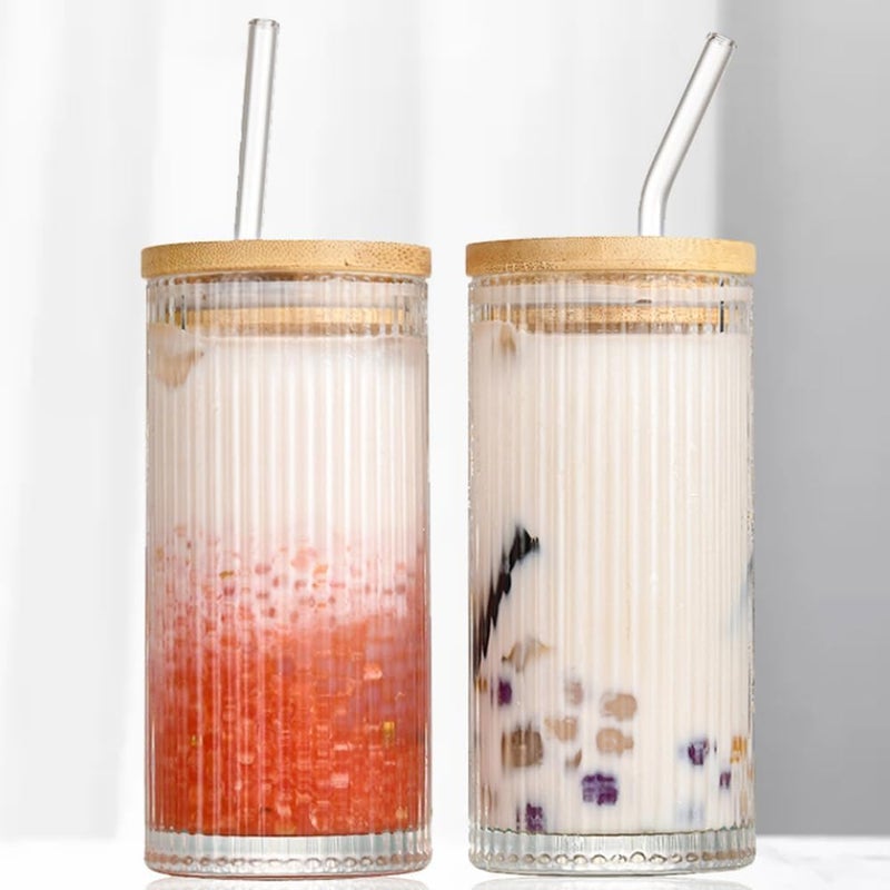 JIRLY Vintage Style 420ml Tall Drinking Glasses Set of 2 Ribbed Glassware with Bamboo Lid curved Glass straws Perfect for Cocktails Smoothies Juice Beer and Coffee Versatile Design for All Occasions - Image 1