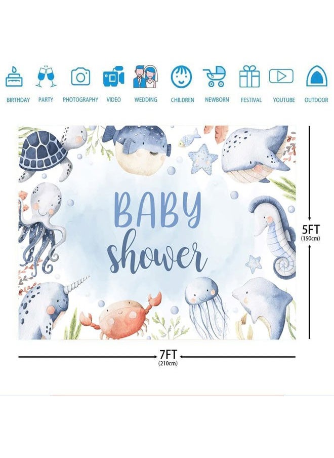 Ticuenicoa - 7x5ft Under The Sea Baby Shower Backdrop Summer Blue Ocean Boy Girl Party Decorations Photography Background Cute Turtle Dolphins Octopus Whales Newborn Baby Party Decor Cake Table Banner - Image 1