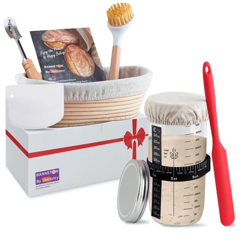 Jeensley Boxed Sourdough Starter Feeding Jar Kit with Oval Proofing Basket and Bread Making Tools Bread Making Accessories - Image 1