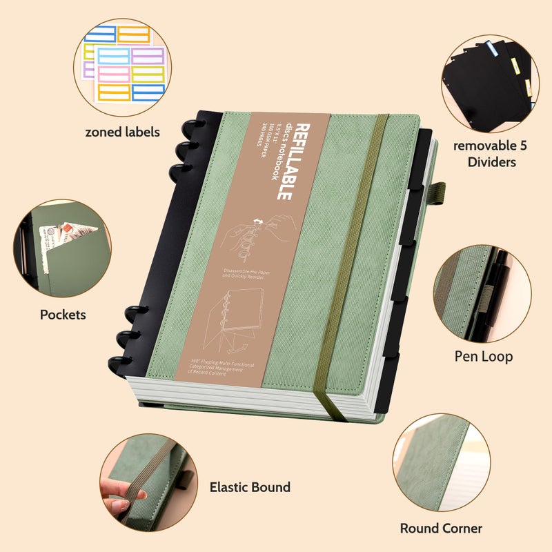 Yoment Refillable Notebooks for Work 5 Subject with Removable Dividers Tabs 240 Pages Hardcover Leather Journals for Writing Large Discbound Planner Colleged Ruled Paper for Women Men 8.58 x 11,Green - Image 3