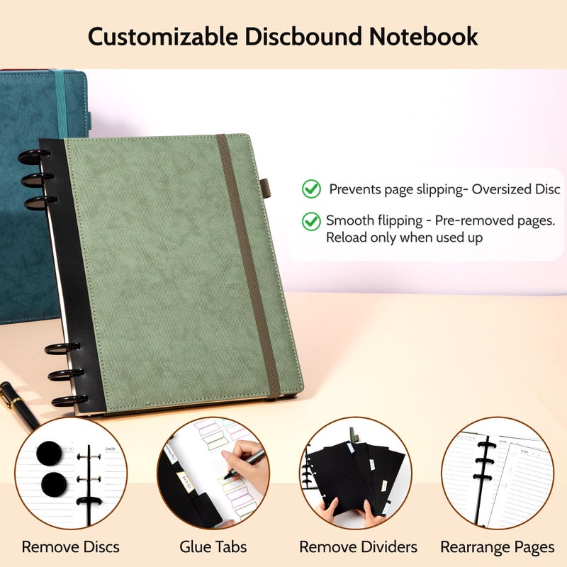 Yoment Refillable Notebooks for Work 5 Subject with Removable Dividers Tabs 240 Pages Hardcover Leather Journals for Writing Large Discbound Planner Colleged Ruled Paper for Women Men 8.58 x 11,Green - Image 2