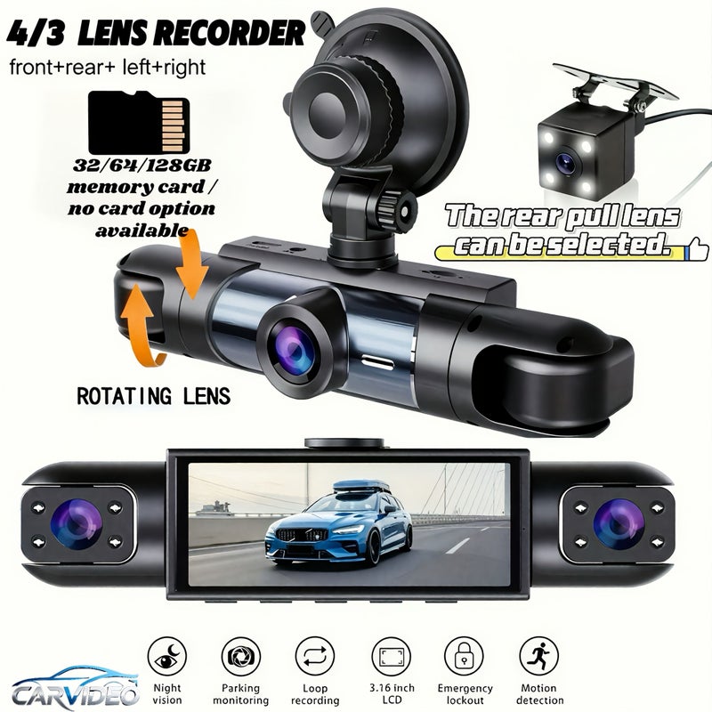 Car 360 Degree 4 Channel Dash Cam Front 1080P Rear Left Right 720P Three 3 IR Led Night Vision With 64GB Card Auto Loop Recording - Image 1