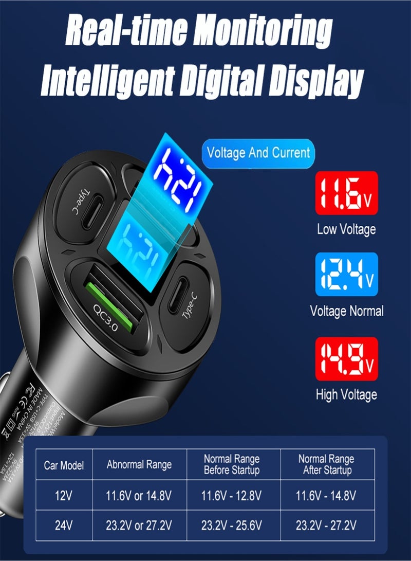 Car Charger 66W Super Fast Charging with 2X USB A, TYPE C QC3.0 PD Voltmeter&LED Lights Compatible With iPhone 16 15 14 13 12 11 iPad Pro mini 6 Samsung S24 S23 S22 Xiaomi Airpods 4 Apple Watch S10 Black  - Image 2