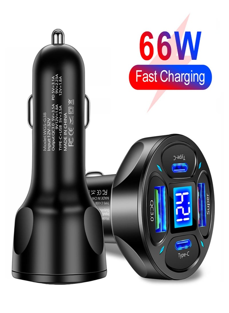 Car Charger 66W Super Fast Charging with 2X USB A, TYPE C QC3.0 PD Voltmeter&LED Lights Compatible With iPhone 16 15 14 13 12 11 iPad Pro mini 6 Samsung S24 S23 S22 Xiaomi Airpods 4 Apple Watch S10 Black  - Image 1