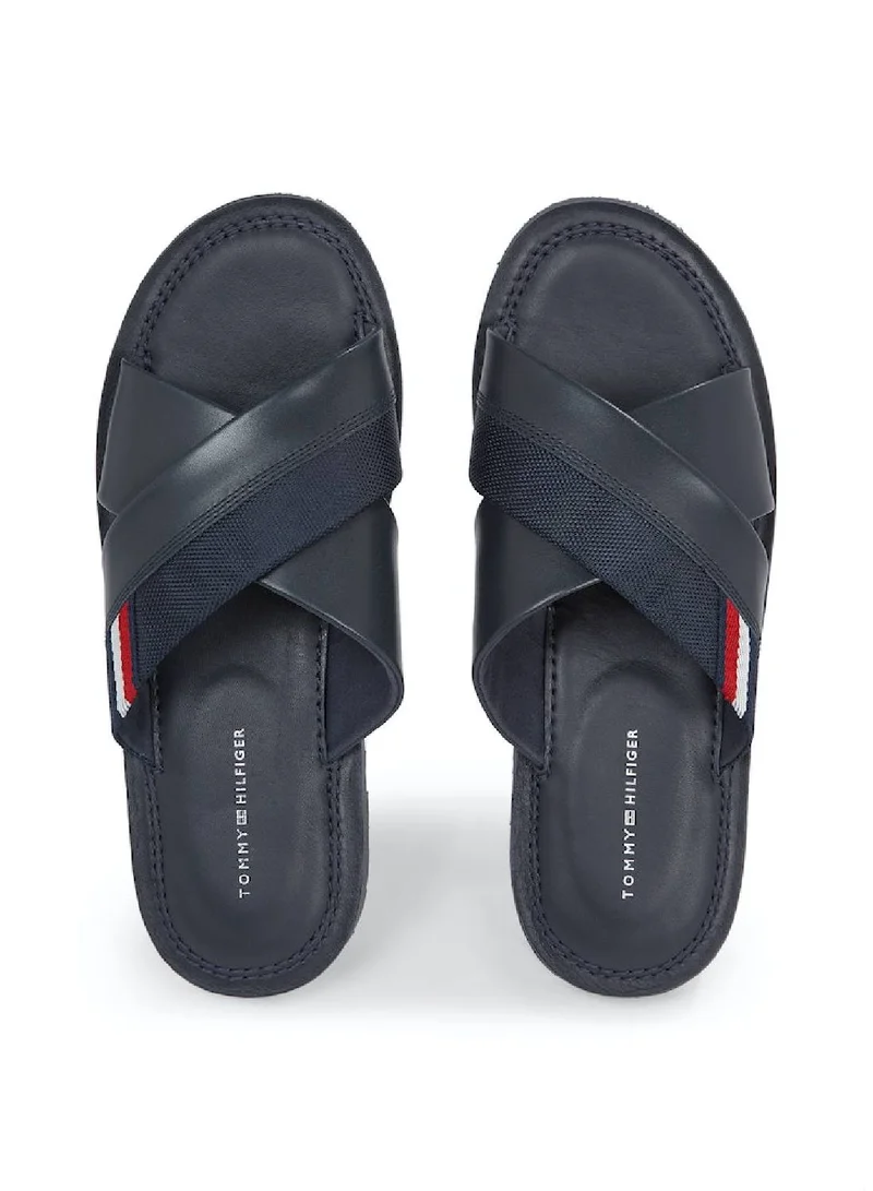 TOMMY HILFIGER Men's Leather Crossover Strap Sandals/ Flip Flops -  Leather upper, Blue