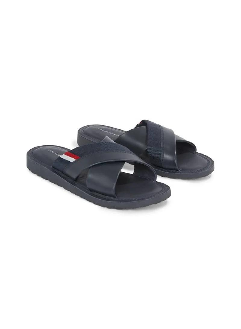 TOMMY HILFIGER Men's Leather Crossover Strap Sandals/ Flip Flops -  Leather upper, Blue