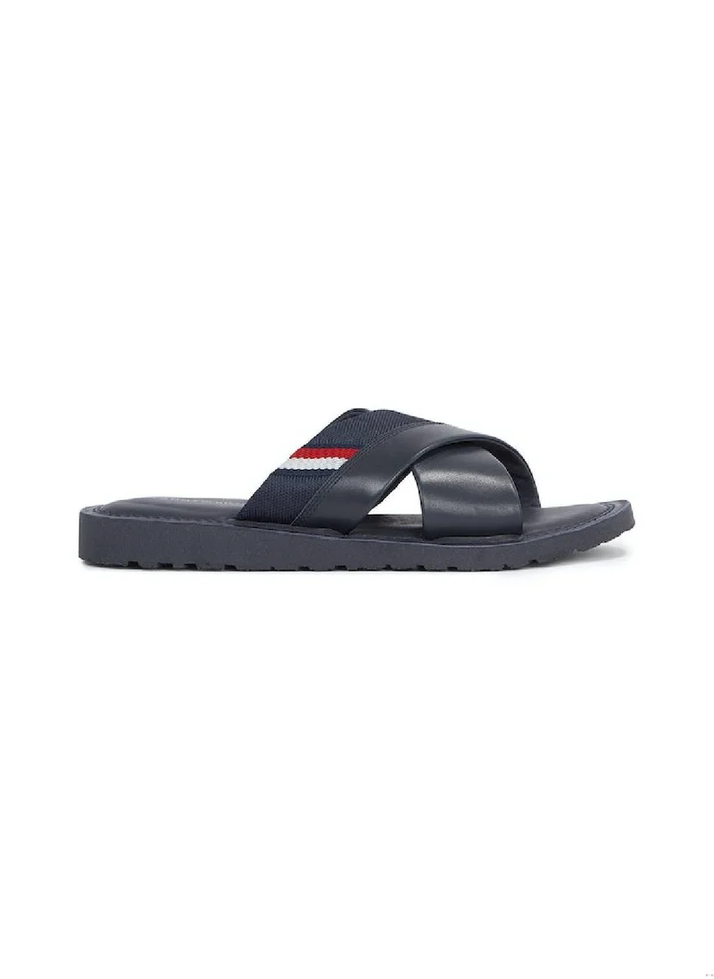 TOMMY HILFIGER Men's Leather Crossover Strap Sandals/ Flip Flops -  Leather upper, Blue