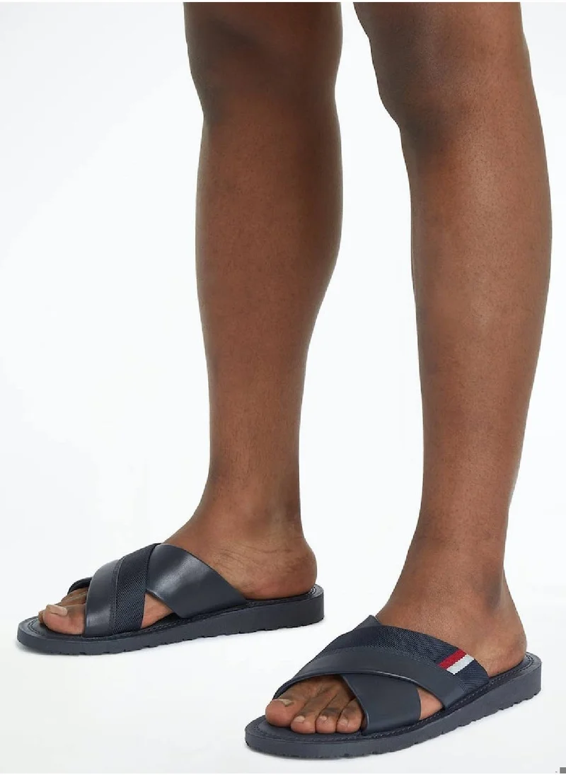 TOMMY HILFIGER Men's Leather Crossover Strap Sandals/ Flip Flops -  Leather upper, Blue