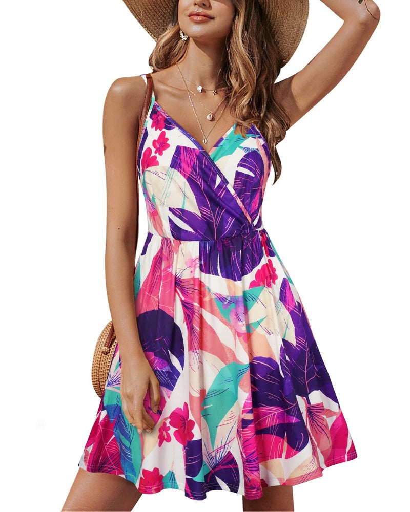 STYLEWORD Women's V Neck Floral Spaghetti Strap Summer Casual Swing Dress with Pocket(Floral34-412,L) - Image 1