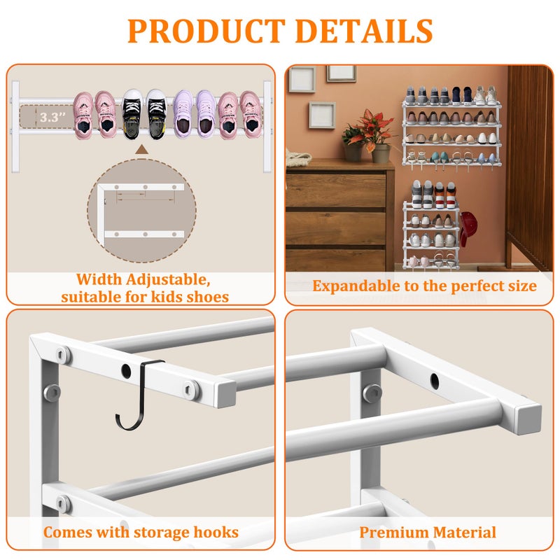 Jchccu 3 Pack Wall Mounted Shoe Rack, 4 Tier Hanging Shoe Rack Holds 48 Pairs, 17"-30" Adjustable Heavy Duty Wall Shoe Shelf with 6 Storage Hooks, Space Saving for Closet Entryway, Black - Image 5