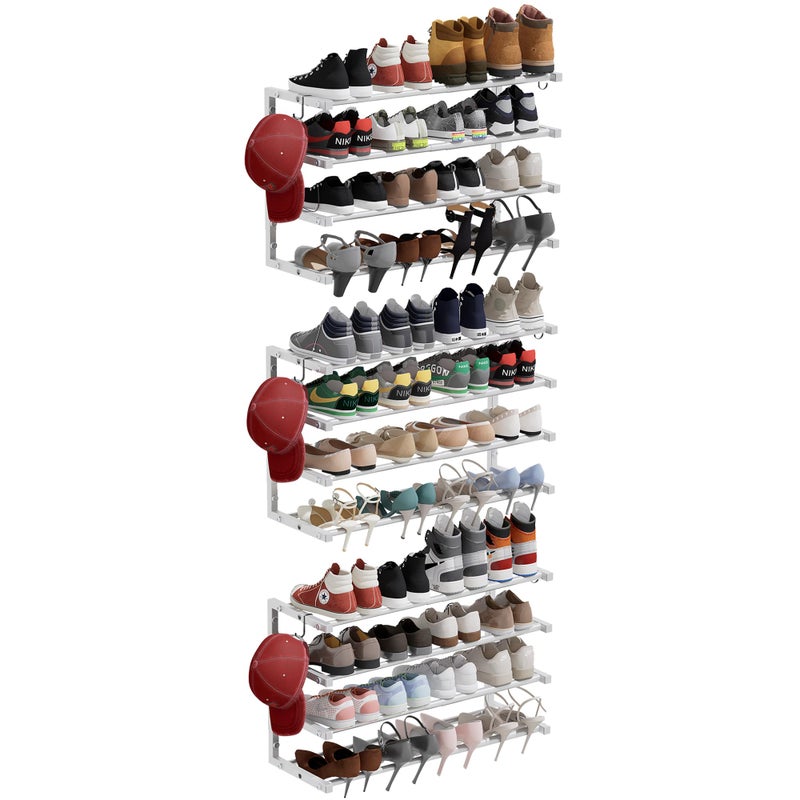 Jchccu 3 Pack Wall Mounted Shoe Rack, 4 Tier Hanging Shoe Rack Holds 48 Pairs, 17"-30" Adjustable Heavy Duty Wall Shoe Shelf with 6 Storage Hooks, Space Saving for Closet Entryway, Black - Image 1