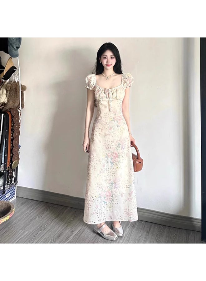Square Neck Puff Sleeve Floral Dress Women's Summer French Princess Long Dress Yunnan Travel Wear 