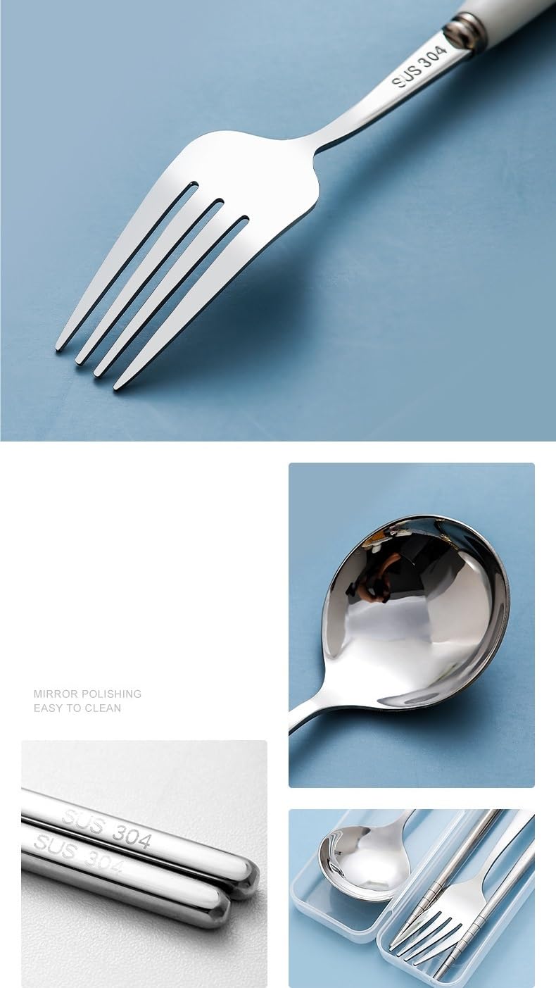 Student Stainless Steel Cutlery Set Fork Spoon In White Portable Storage Box - Image 4