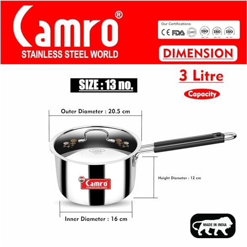 Camro Tripro Triply Artisian with Lid (13 No, 3 Liters) Tea Pan MilkPan Saucier Cooking Pot for Chai Boil Warm Herb-Spice-Infusion, Heat Resist Handle, Induction Friendly & Gas Ready 6-Year Warranty - Image 2
