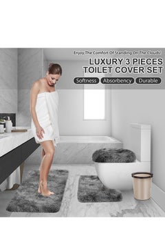 joyzzz 3 Piece Bath Set, Contour Mat + Toilet Seat Cover, Super Long, Soft Microfiber, Water Absorbent Non-Slip Fast Drying Bath Mats with PVC Point Rubber Backing (Grey)  - Image 3