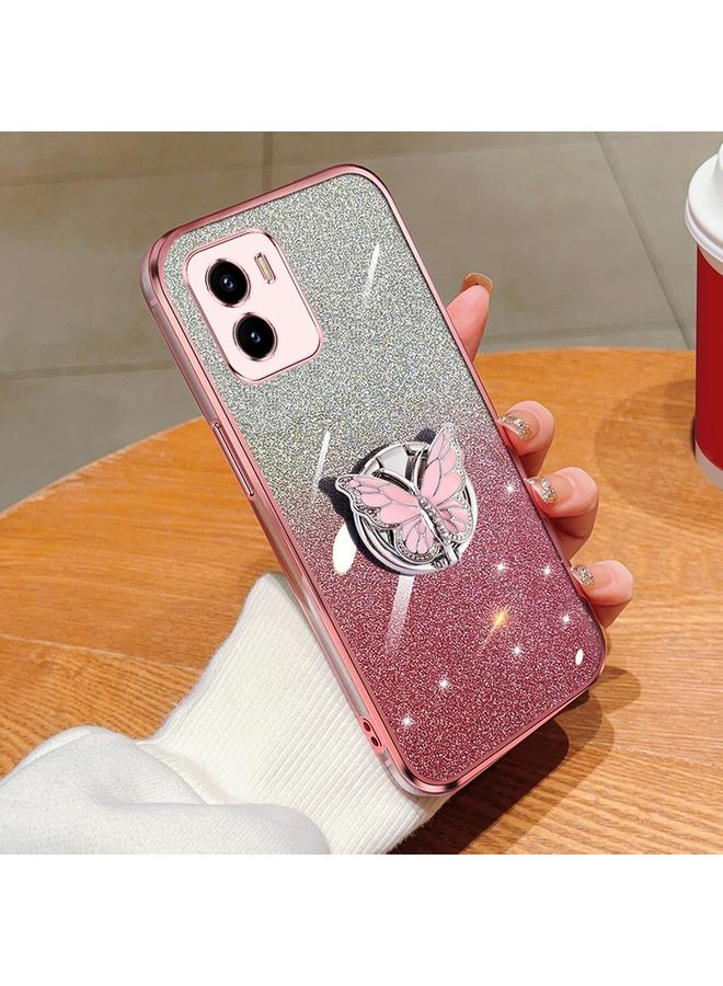 For vivo Y10 / Y15s 2021 Plated Gradient Glitter Butterfly Holder TPU Phone Case(Pink)
