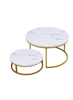 NKX Set Of 2 Modern Round Coffee Table With Top Marble Stone and Metal Frame 