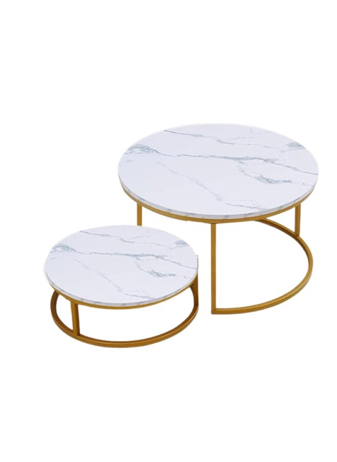 NKX - Set Of 2 Modern Round Coffee Table With Top Marble Stone and Metal Frame - Image 1