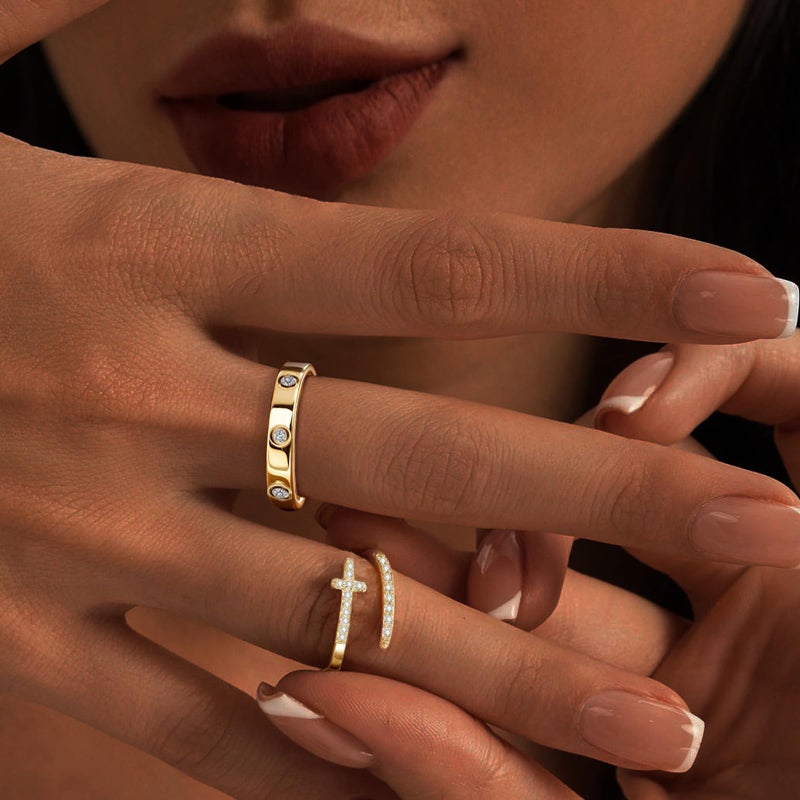 My Queen Gold Rings for Women Non Tarnish 14k Gold Plated Cubic Zirconia Cross Stackable Rings Promise Wedding Band Ring Set Jewelry - Image 2
