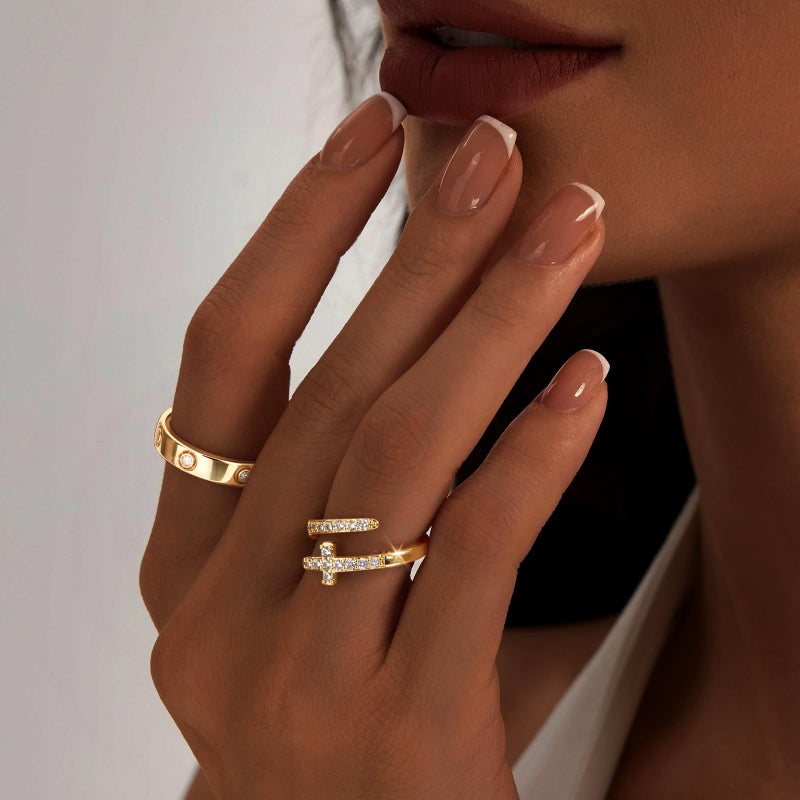 My Queen Gold Rings for Women Non Tarnish 14k Gold Plated Cubic Zirconia Cross Stackable Rings Promise Wedding Band Ring Set Jewelry - Image 3