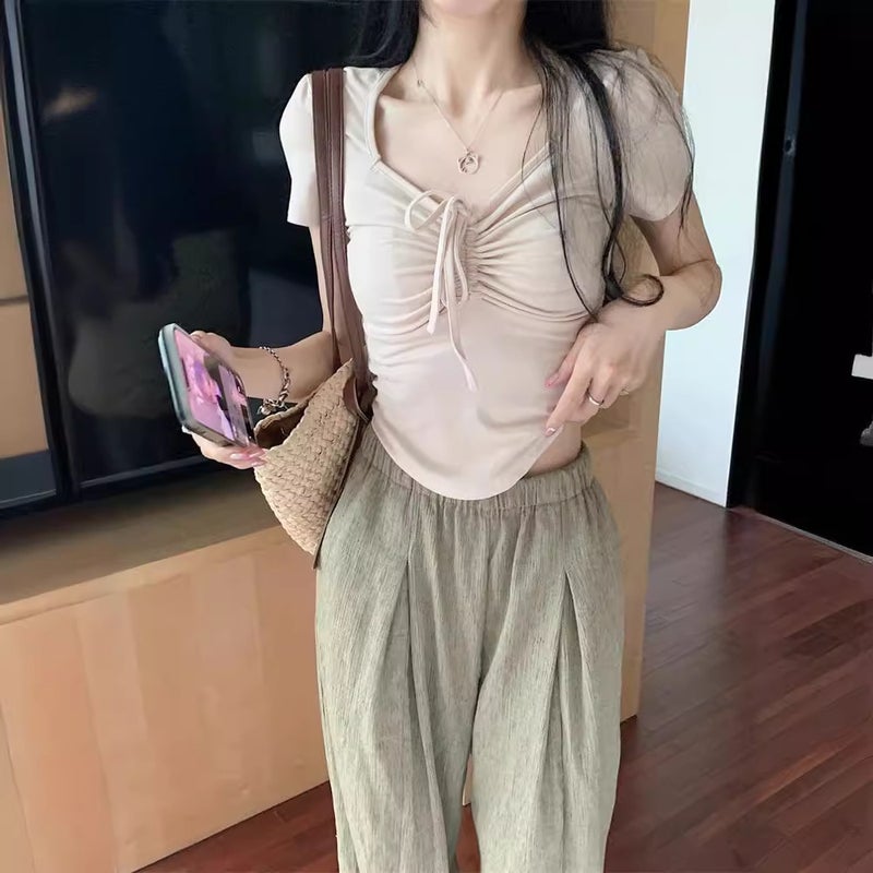 Short-Sleeved T-Shirt Summer Women'S New Korean-Style Pure Spice Girl Design Drawstring Square Collar Slim-Fit Slim-Fit Short Top - Image 4