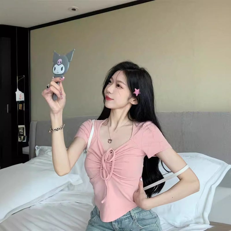 Short-Sleeved T-Shirt Summer Women'S New Korean-Style Pure Spice Girl Design Drawstring Square Collar Slim-Fit Slim-Fit Short Top - Image 3