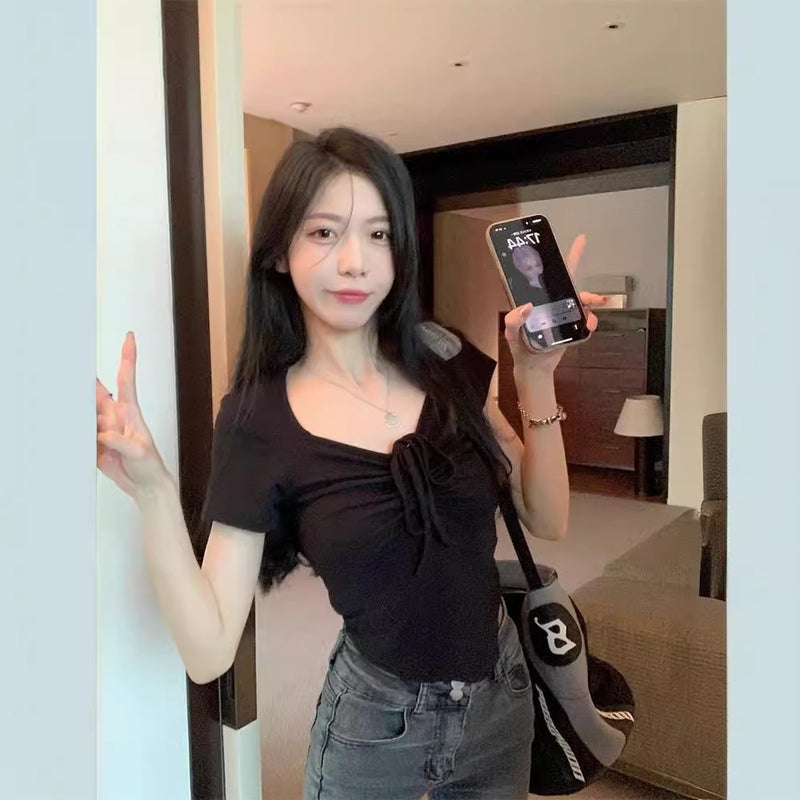 Short-Sleeved T-Shirt Summer Women'S New Korean-Style Pure Spice Girl Design Drawstring Square Collar Slim-Fit Slim-Fit Short Top - Image 5