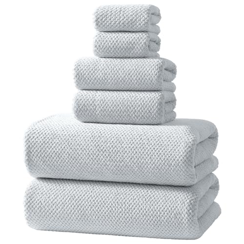 REDKISS 6 Piece Premium Towel Set, 2 Bath, 2 Hand, and 4 Wash Cloths, Ultra-Fiber Coral Fleece, Highly Absorbent Towels for Bathroom, Gym, Hotel, and Spa, Ideal for Everyday use, Light Grey