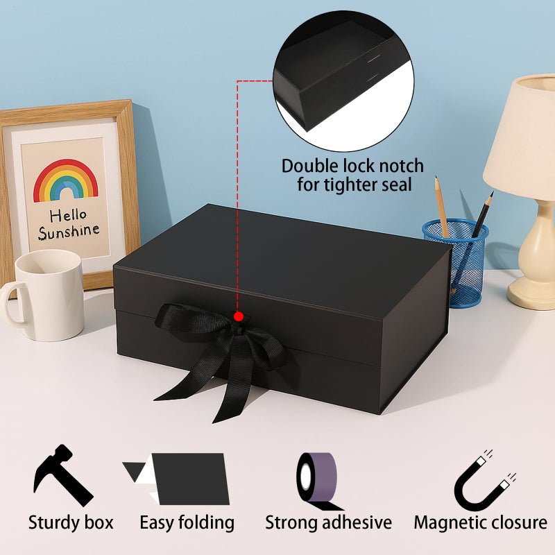SCORYULE Medium Black Gift Box with Lid, Ribbon, Gift Bag and Greeting Card, 9.4x7x3 Inches, Magnetic Closure, Great for Birthdays, Weddings, Valentine's Day, Christmas Day - Image 3