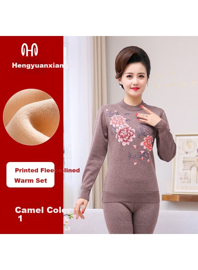 Thermal Underwear Thickened Fleece Autumn Winter Middle-Aged And Elderly Printed Long Johns Set A-1 Camel Mid-Neck - Image 1