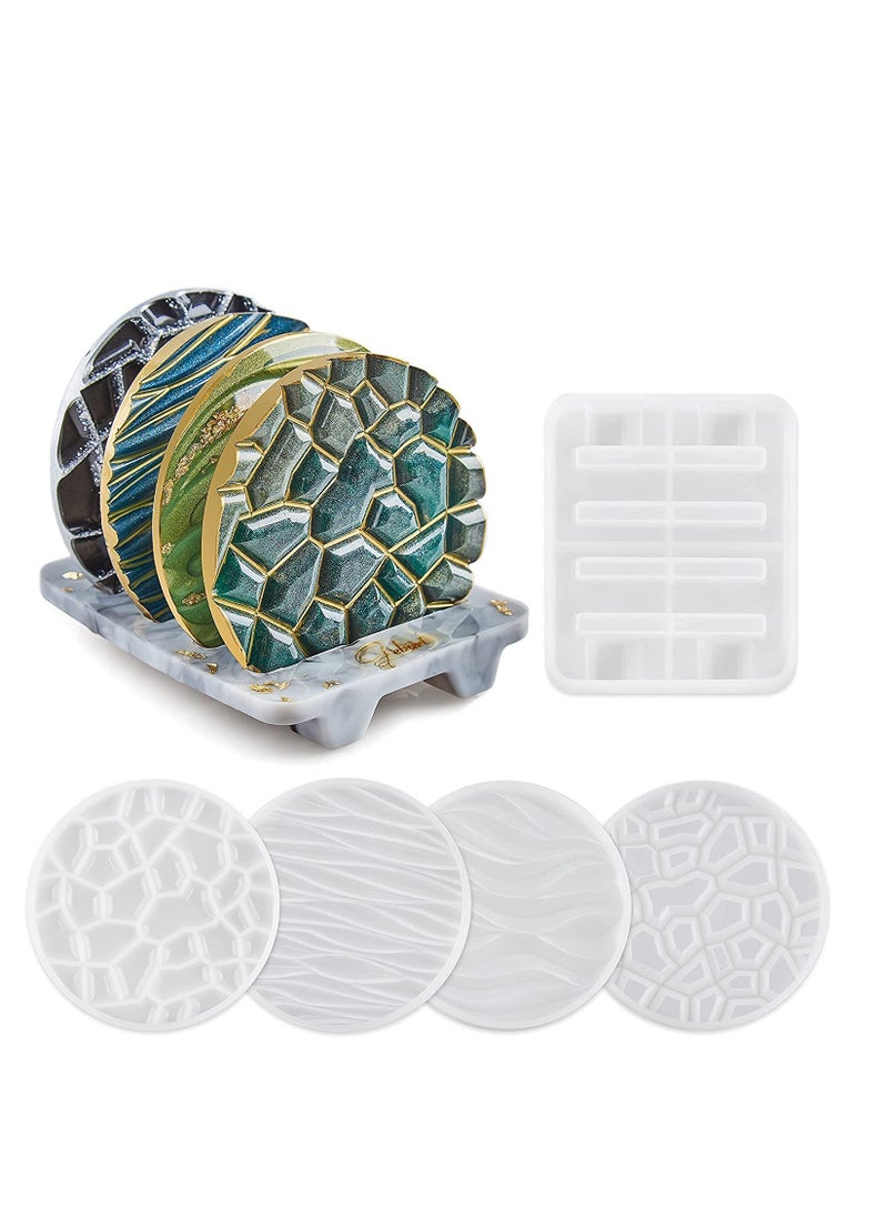 Excefore Coaster Resin Mould, 4Pcs Different Pattern Coaster Moulds with 1Pc Coaster Stand Storage Moulds, Silicone Moulds for Epoxy Resin Casting Coasters Home Decoration  - Image 1