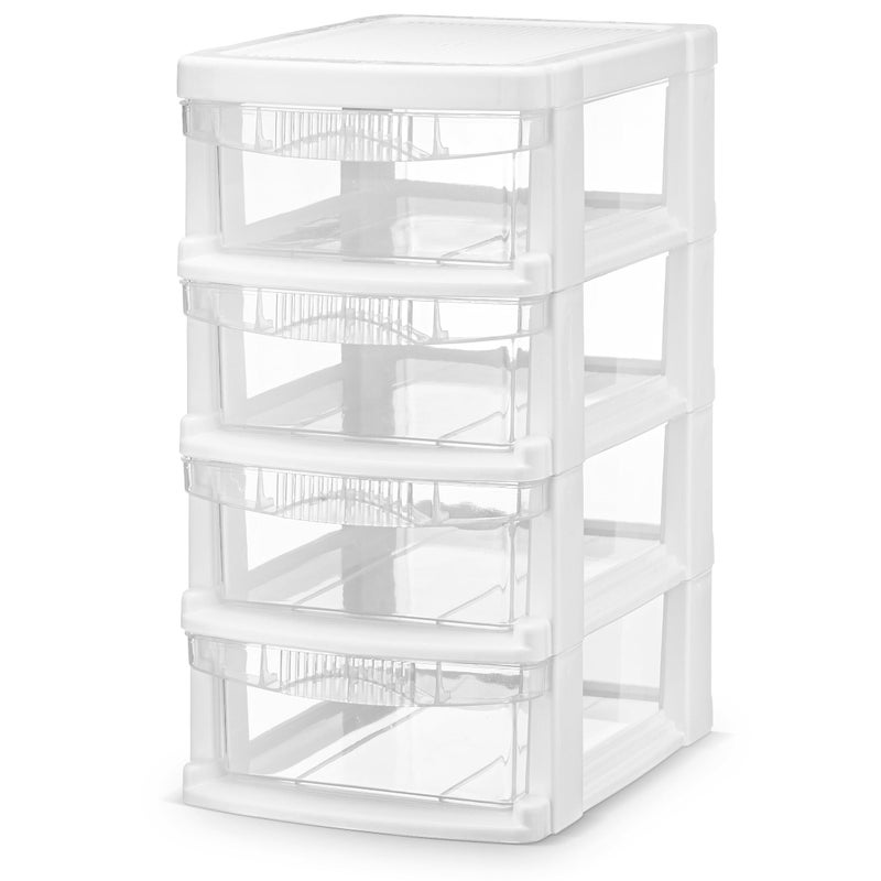Tribello Mini Plastic Stacking Desk Top 4-Drawer Storage Organizer, for Makep Vanity Nail Polish Bathroom Stationery Art Craft Supplies Kitchen Office Garage and Small Organization, Small, White - Image 1