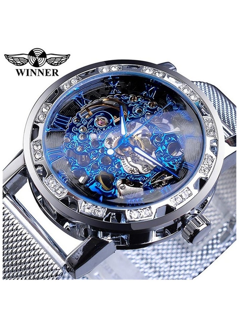 وينر ساعة رجالية ميكانيكية يدوية، كلاسيكية، أنيقة، عصرية، كاجوال، بسوار شبكي مجوف مرصع بأحجار الراين