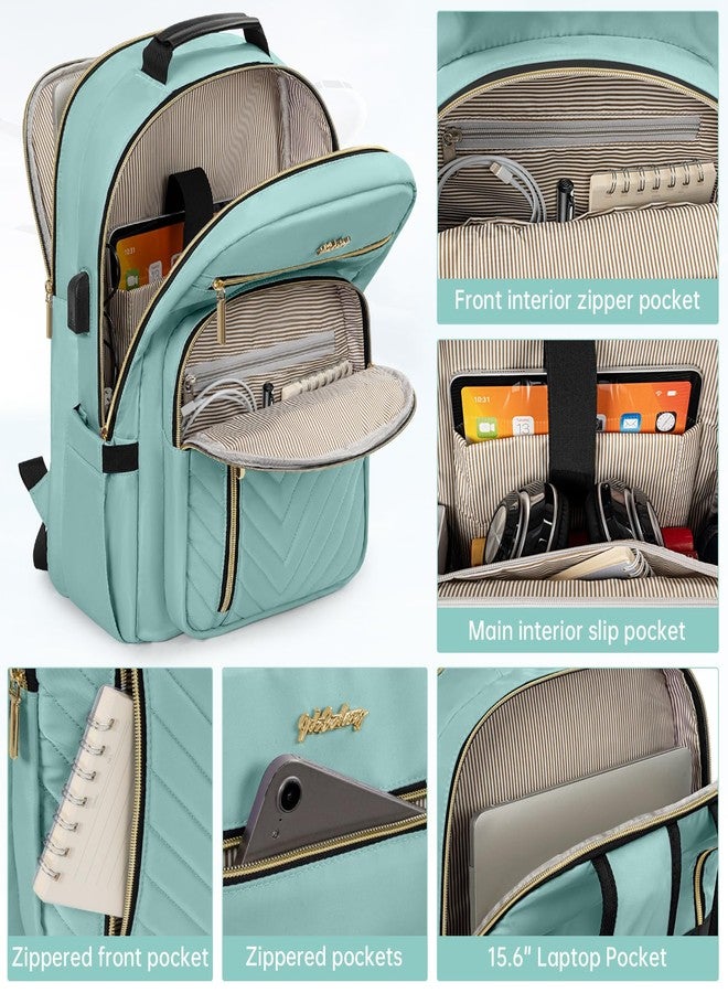 WELIDAY Laptop Backpack for Women,Work Business Backpacks, Large Capacity Travel Backpack with USB Charging Port, Green, 15.6in, Quilted Casual Daypack - Image 4