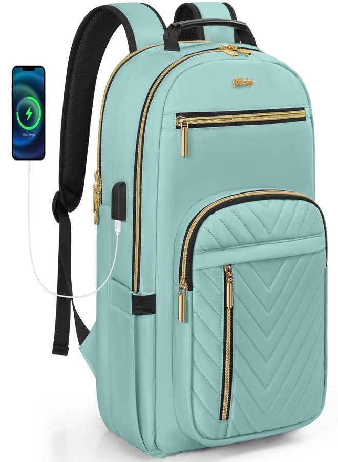 WELIDAY Laptop Backpack for Women,Work Business Backpacks, Large Capacity Travel Backpack with USB Charging Port, Green, 15.6in, Quilted Casual Daypack - Image 1