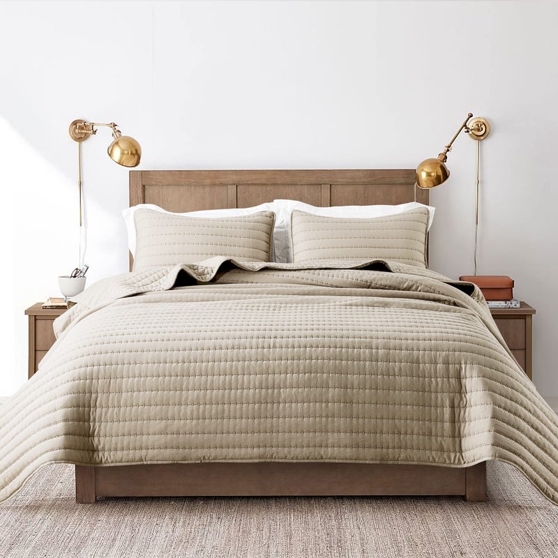 ROARINGWILD Beige Cream Tan King Size Quilt Bedding Sets with Pillow Shams, Lightweight Soft Bedspread Coverlet, Quilted Blanket Thin Comforter Bed Cover for All Season, 3 Pieces, 104x90 inches - Image 2