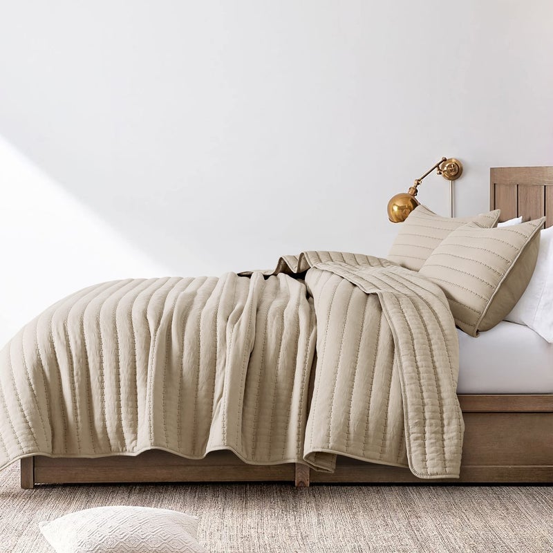 ROARINGWILD Beige Cream Tan King Size Quilt Bedding Sets with Pillow Shams, Lightweight Soft Bedspread Coverlet, Quilted Blanket Thin Comforter Bed Cover for All Season, 3 Pieces, 104x90 inches - Image 3