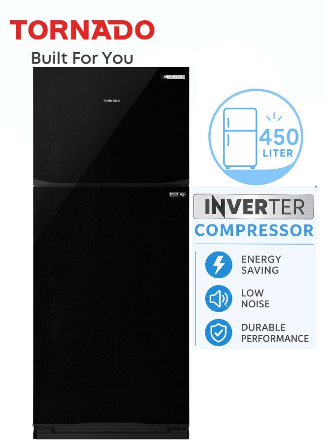 TORNADO Top-Mount Refrigerator 450 Liters Inverter No Frost, Tropical Compressor, Hybrid Cooling System, Ag+ Nano Deodorizer Filter, Anti-Bacterial ABS Interior, Class A Energy Rating, Low Noise, Black - RF-580TV-BK - 5-Year Compressor Warranty, 1-Year Free Warranty RF-580TV-BK Black - Image 1